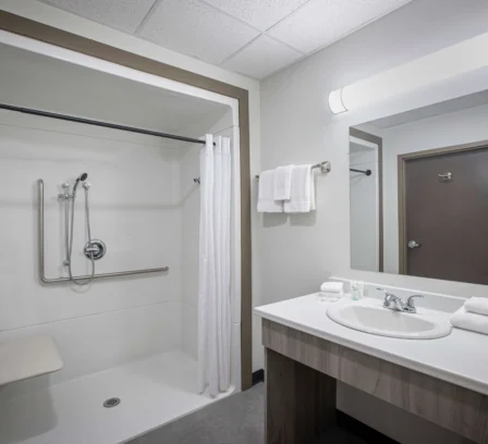 Modern hotel bathroom with accessible shower and well-lit vanity area.