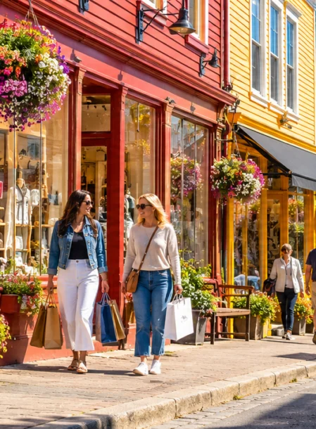 Family and couples strolling a colourful harbour street lined with shops, hanging baskets and sea views