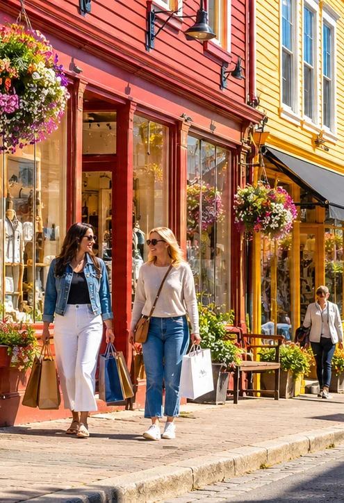 Family and couples strolling a colourful harbour street lined with shops, hanging baskets and sea views