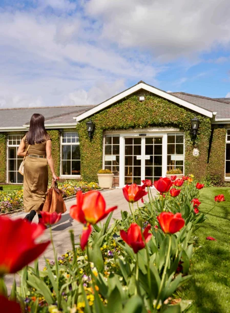 Guest family arriving with luggage along tulip-lined path to ivy-covered hotel entrance, Irish flag visible