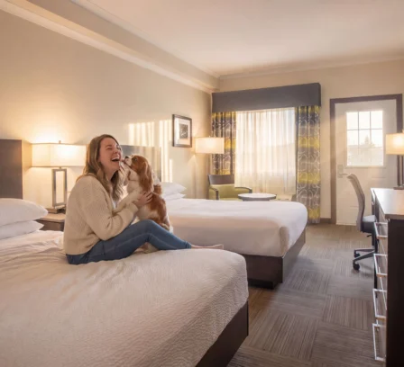 A woman joyfully playing with her dog on a cosy hotel bed in a warmly lit room.