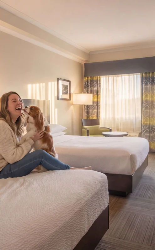 A woman joyfully playing with her dog on a cosy hotel bed in a warmly lit room.