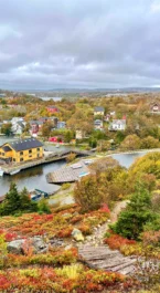 Charming harbour view with vibrant autumn colours and cosy homes under a cloudy sky.